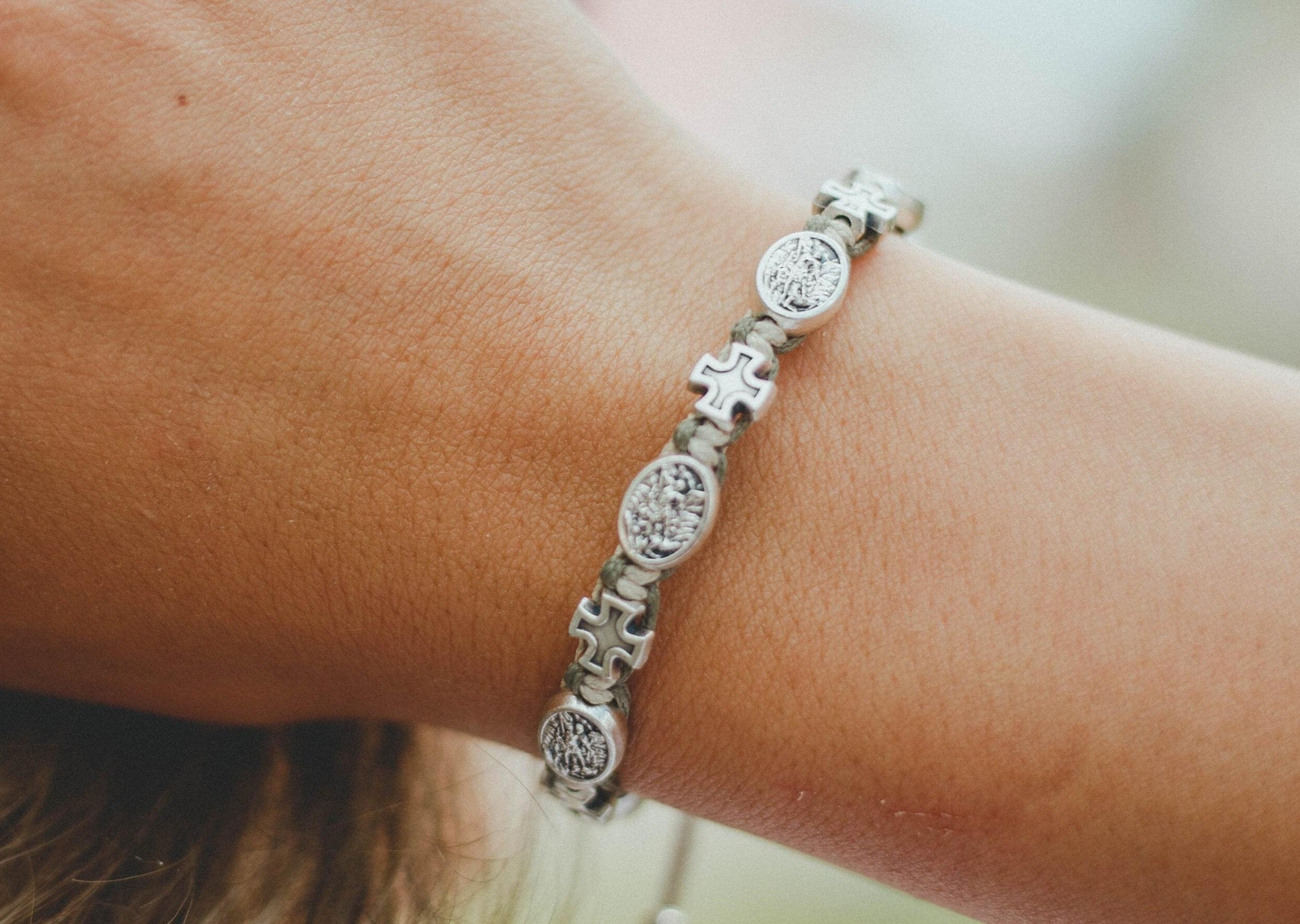 Archangel Michael medal bracelet with silver tone crosses - Catholic Wholesale