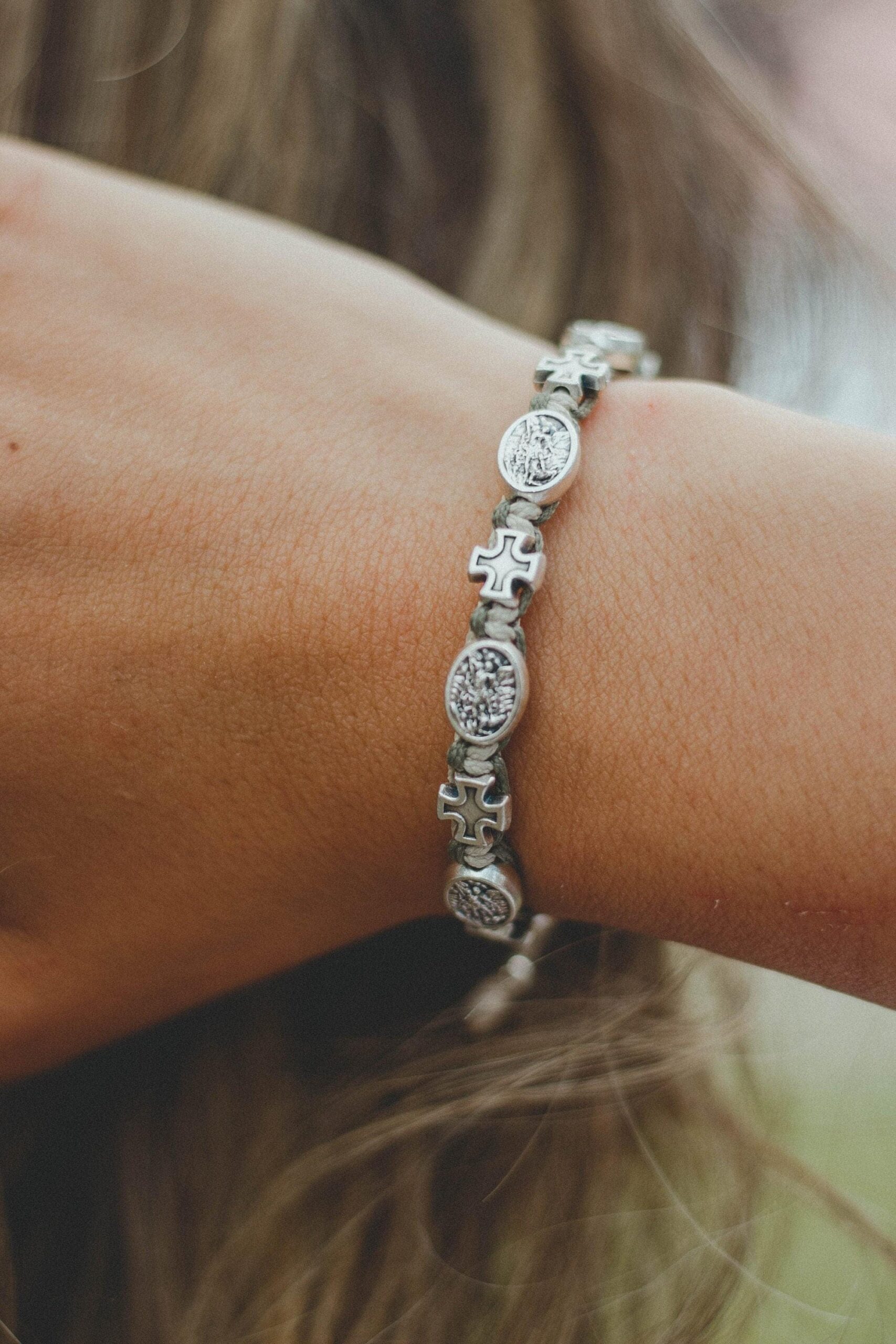 Archangel Michael medal bracelet with silver tone crosses - Catholic Wholesale