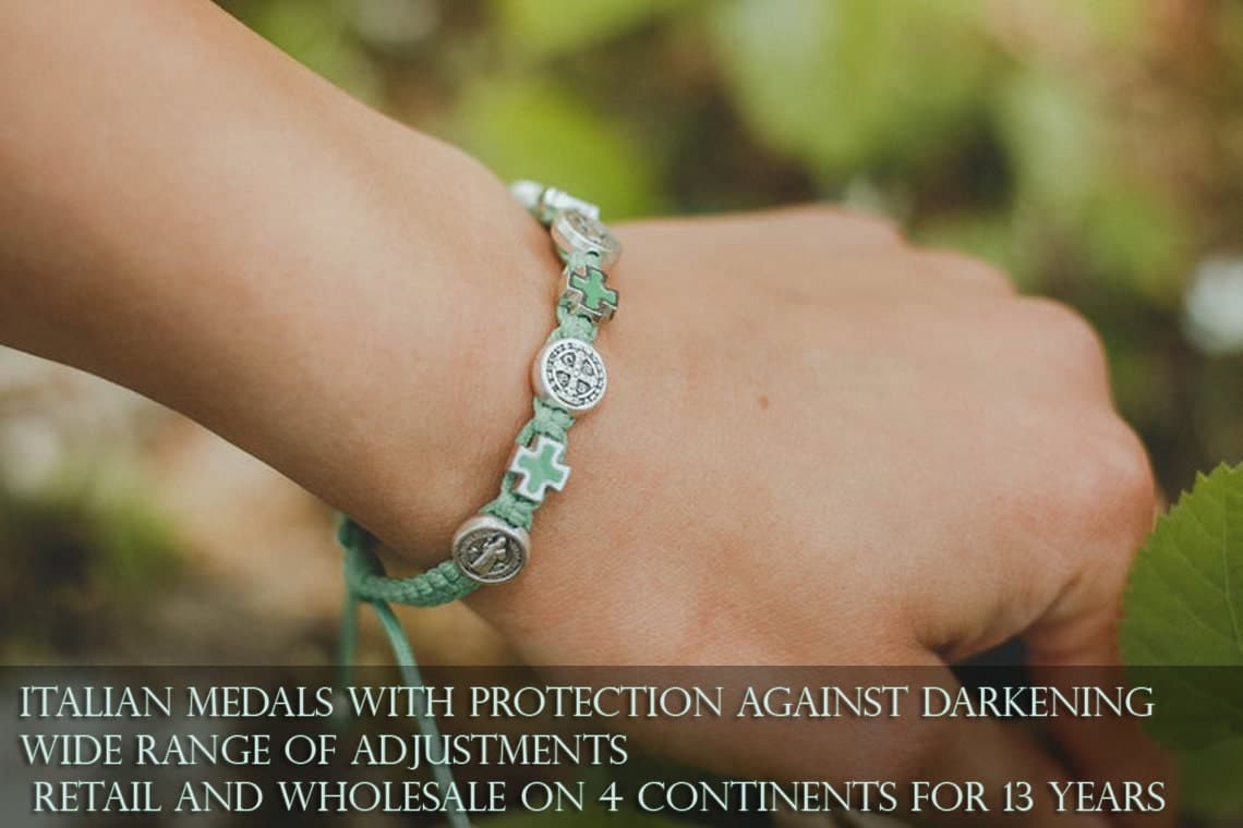 Saint Benedict medal bracelet with green crosses - Catholic Wholesale