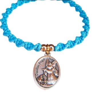 Guardian Angel bracelet with blue braided cord and oval Guardian Angel medal, shown with silver-tone spacer beads on white background
