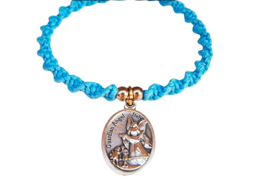 Guardian Angel bracelet with blue braided cord and oval Guardian Angel medal, shown with silver-tone spacer beads on white background