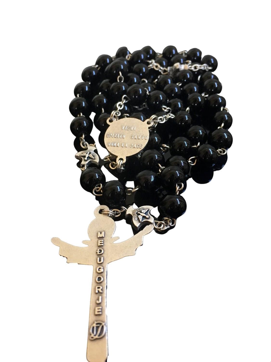 Holy Spirit Catholic rosary with black glass beads - Catholic Wholesale
