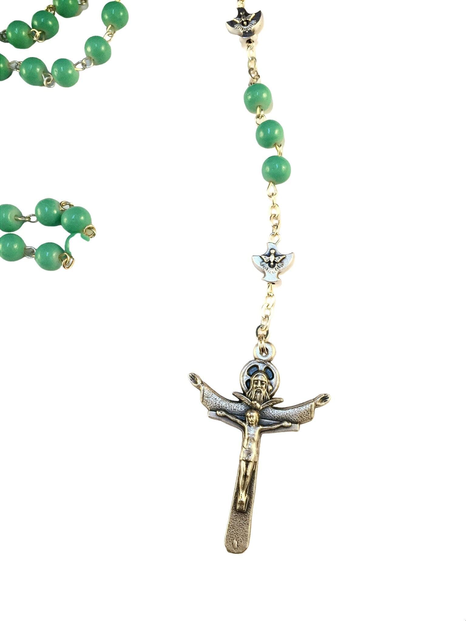 Holy Spirit Catholic rosary with green glass beads - Catholic Wholesale