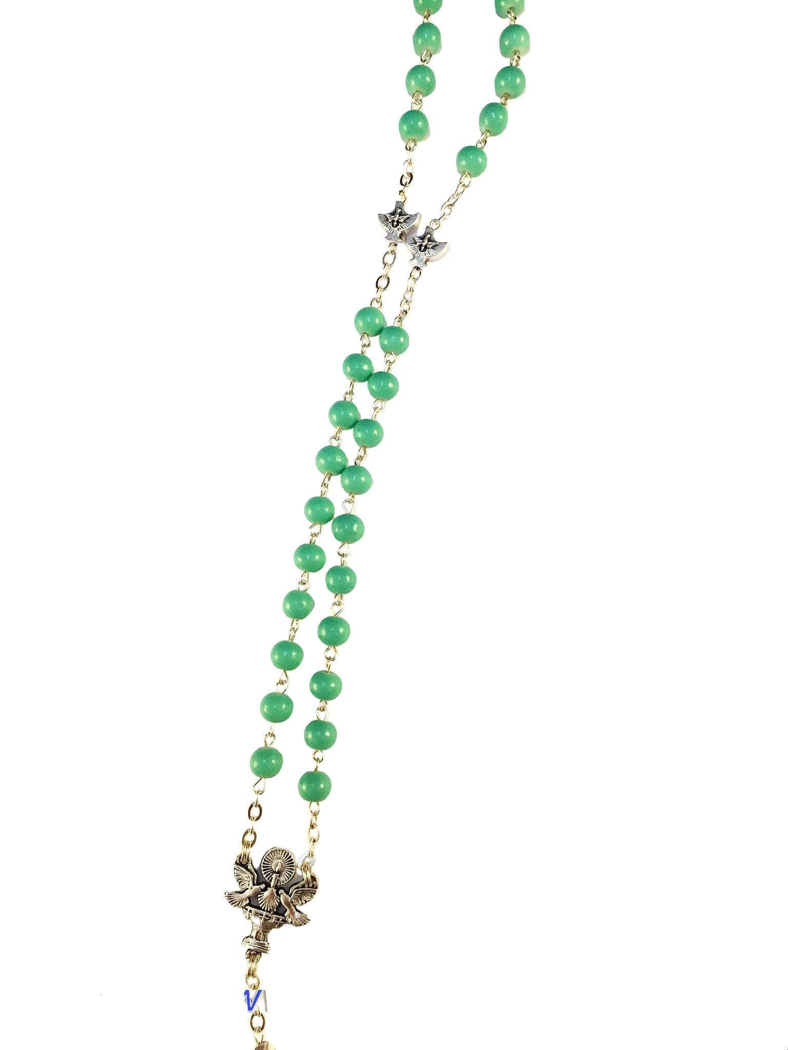 Holy Spirit Catholic rosary with green glass beads - Catholic Wholesale