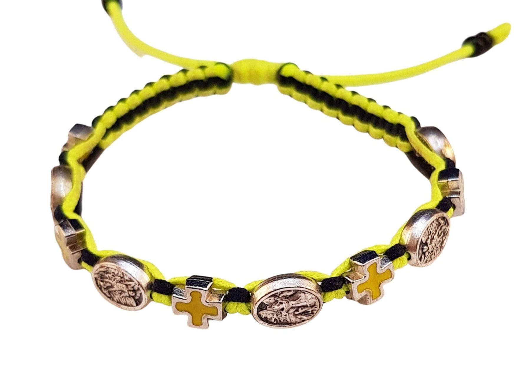 Archangel Michael medal bracelet with yellow enamel crosses - Catholic Wholesale