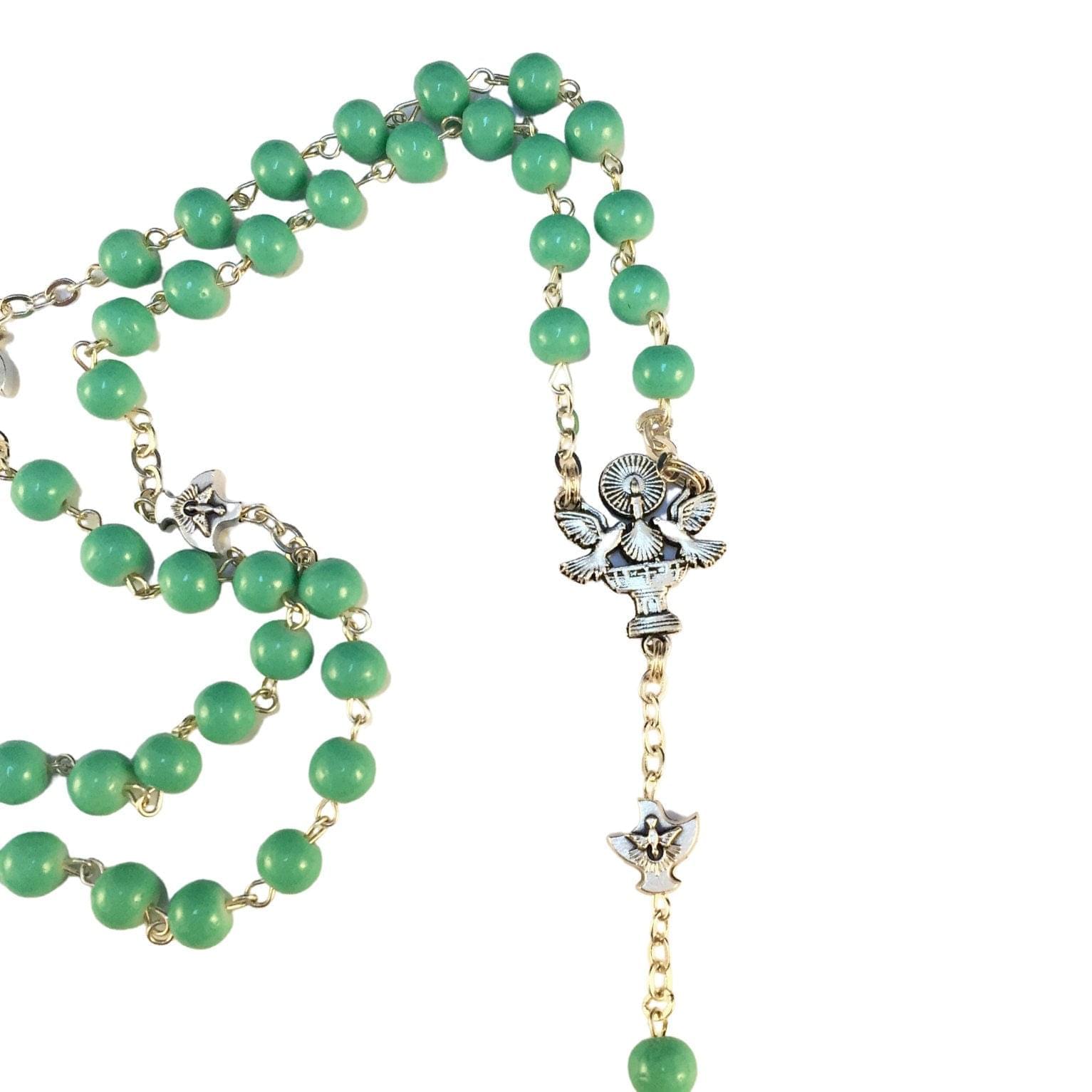Holy Spirit Catholic rosary with green glass beads - Catholic Wholesale
