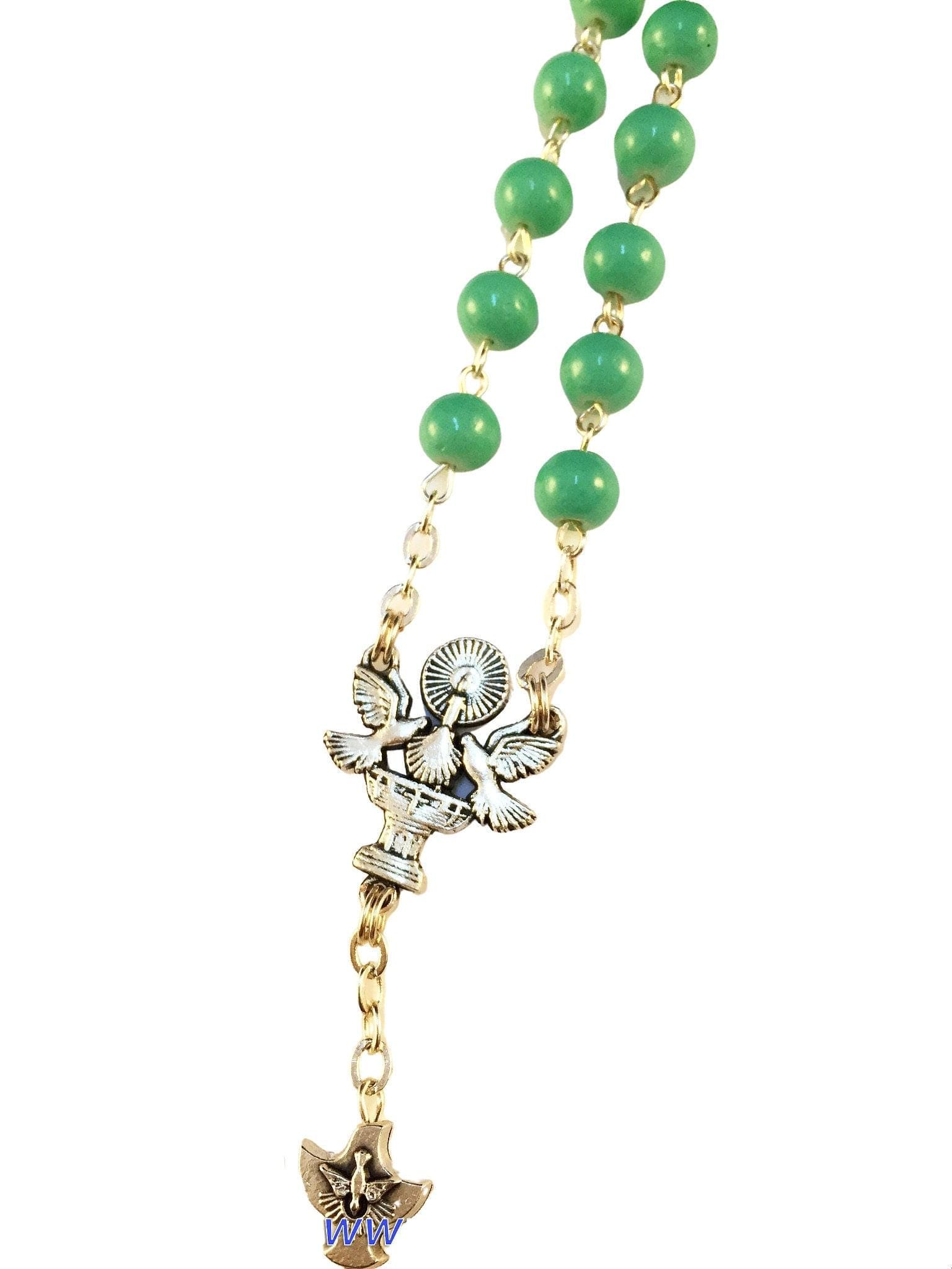 Holy Spirit Catholic rosary with green glass beads - Catholic Wholesale