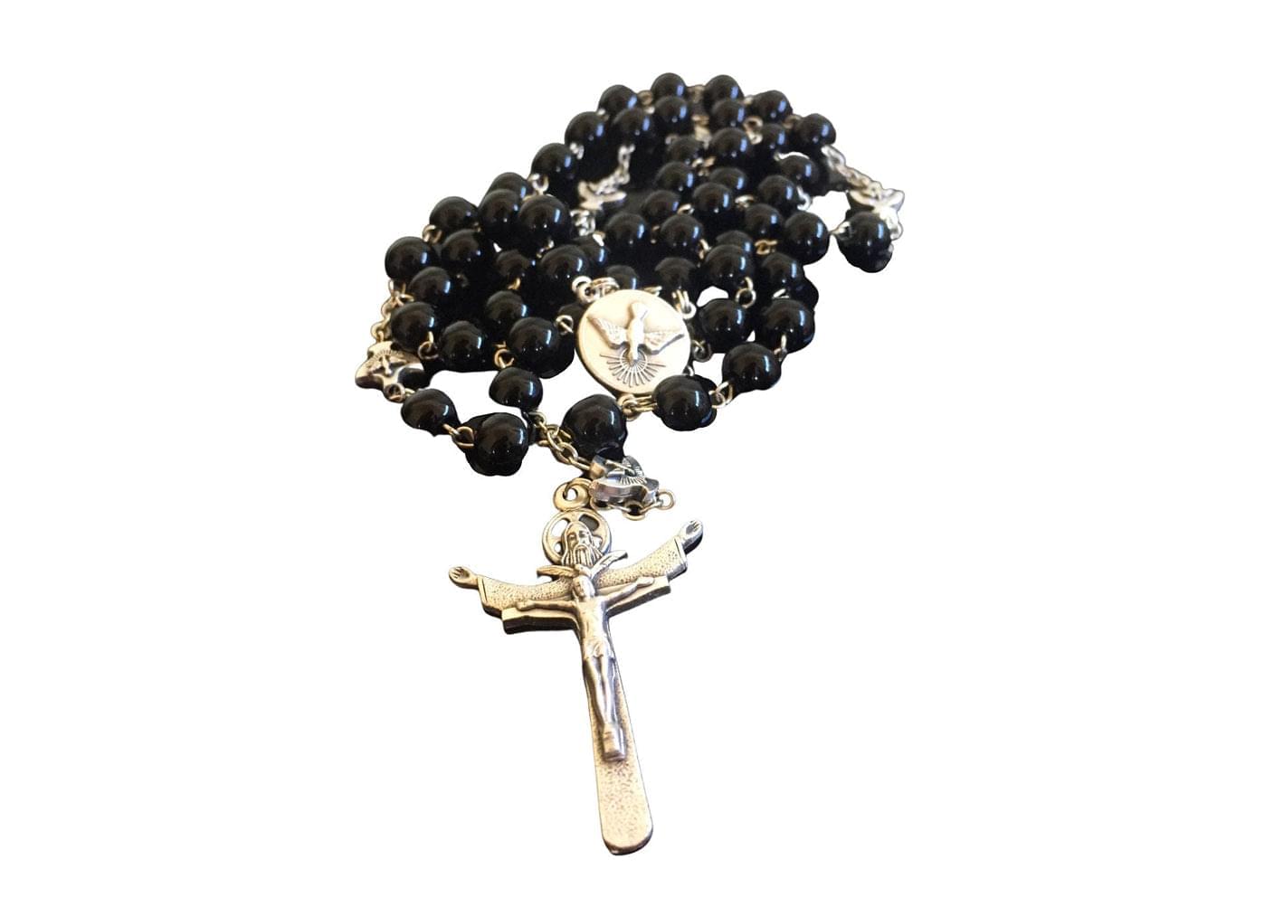 Holy Spirit Catholic rosary with black glass beads - Catholic Wholesale