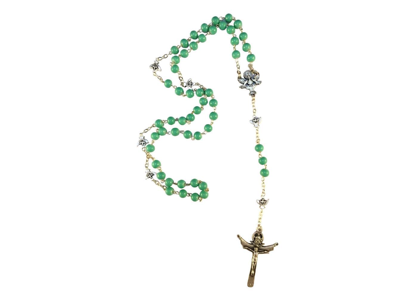 Holy Spirit Catholic rosary with green glass beads - Catholic Wholesale