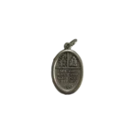 Reverse side of a silver Catholic emergency medal with stamped emergency text reading Call a Priest.
