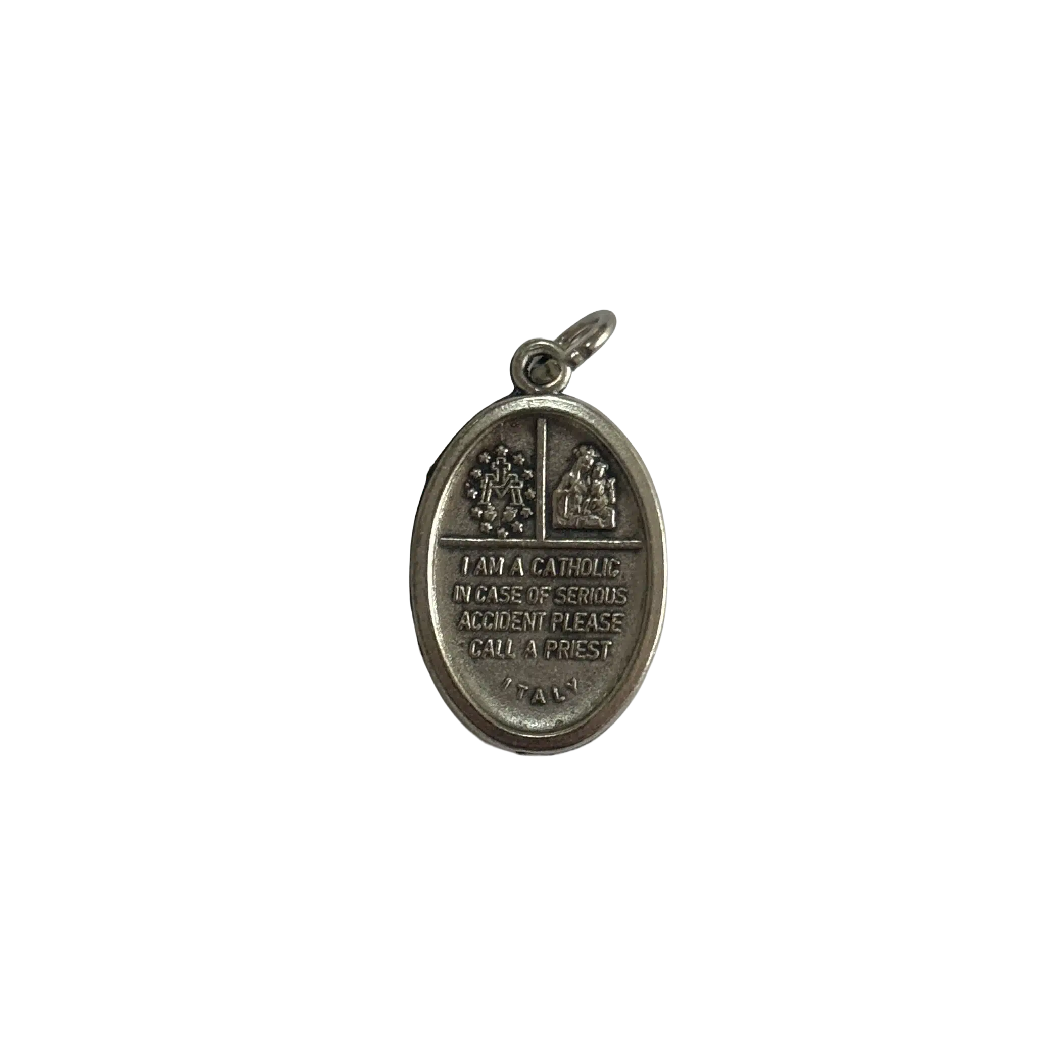 Reverse side of a silver Catholic emergency medal with stamped emergency text reading Call a Priest.