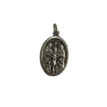 Silver Catholic emergency medal showing a detailed relief of the Crucifixion of Jesus Christ with the Holy Spirit dove.