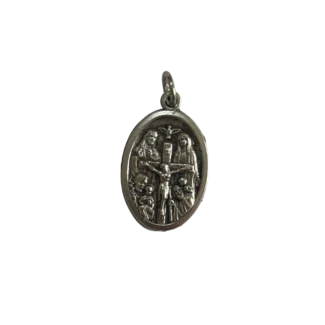 Silver Catholic emergency medal showing a detailed relief of the Crucifixion of Jesus Christ with the Holy Spirit dove.
