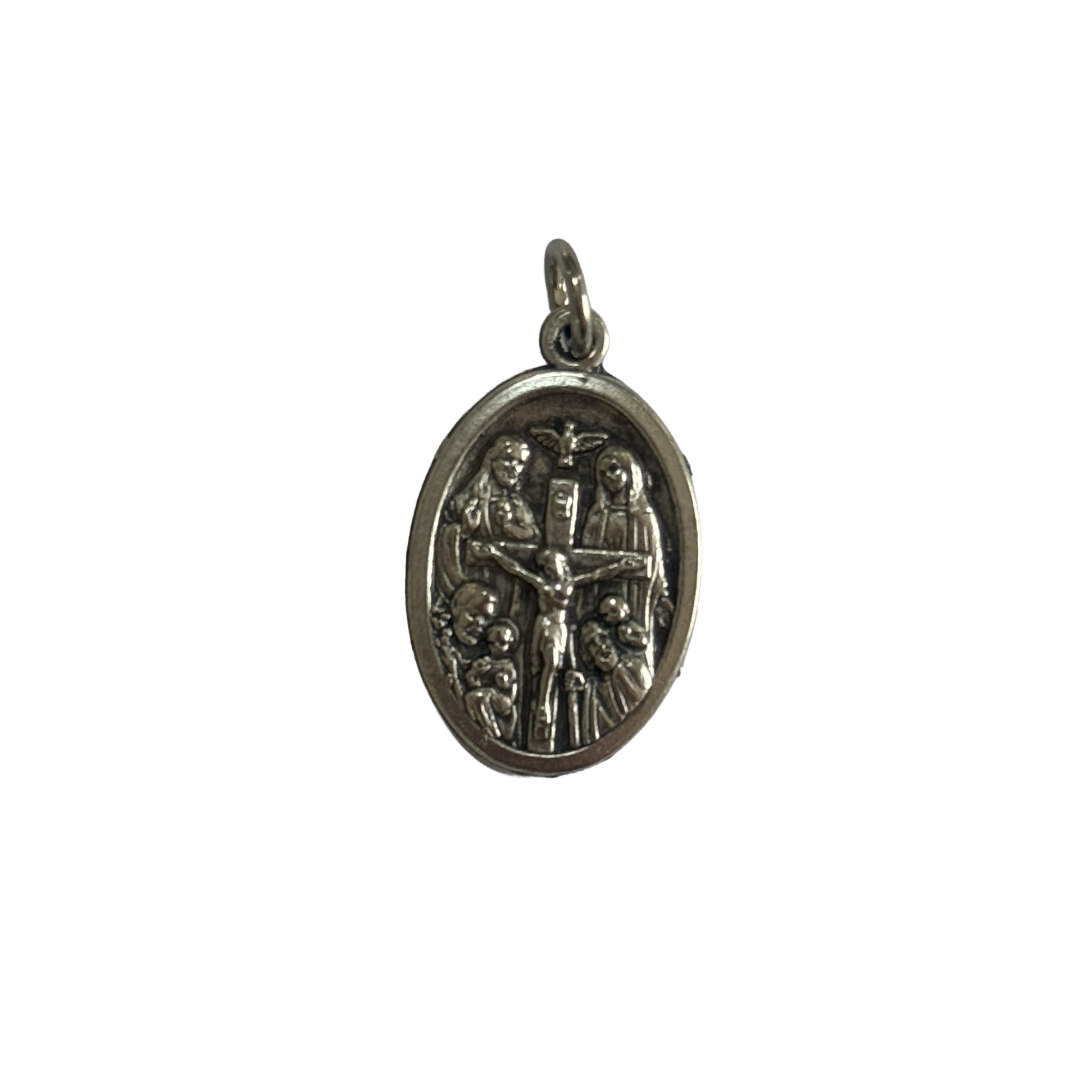Silver Catholic emergency medal showing a detailed relief of the Crucifixion of Jesus Christ with the Holy Spirit dove.