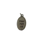 Reverse side of a silver St Gianna Beretta Molla medal with a block stamped Pray For Us inscription.