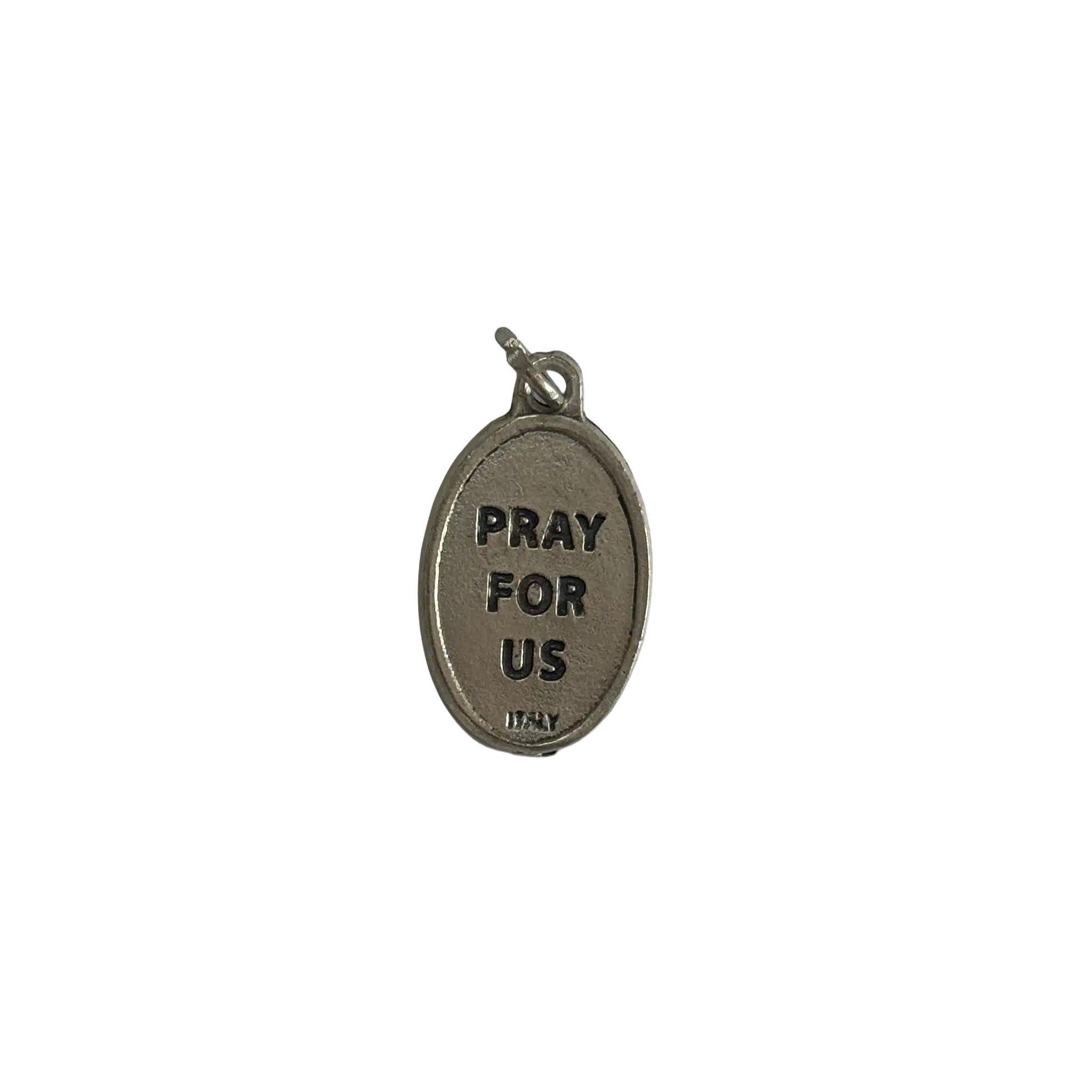 Silver St Gianna Beretta Molla Medal Back Pray For Us Reverse side of a silver St Gianna Beretta Molla medal with a block stamped Pray For Us inscription.