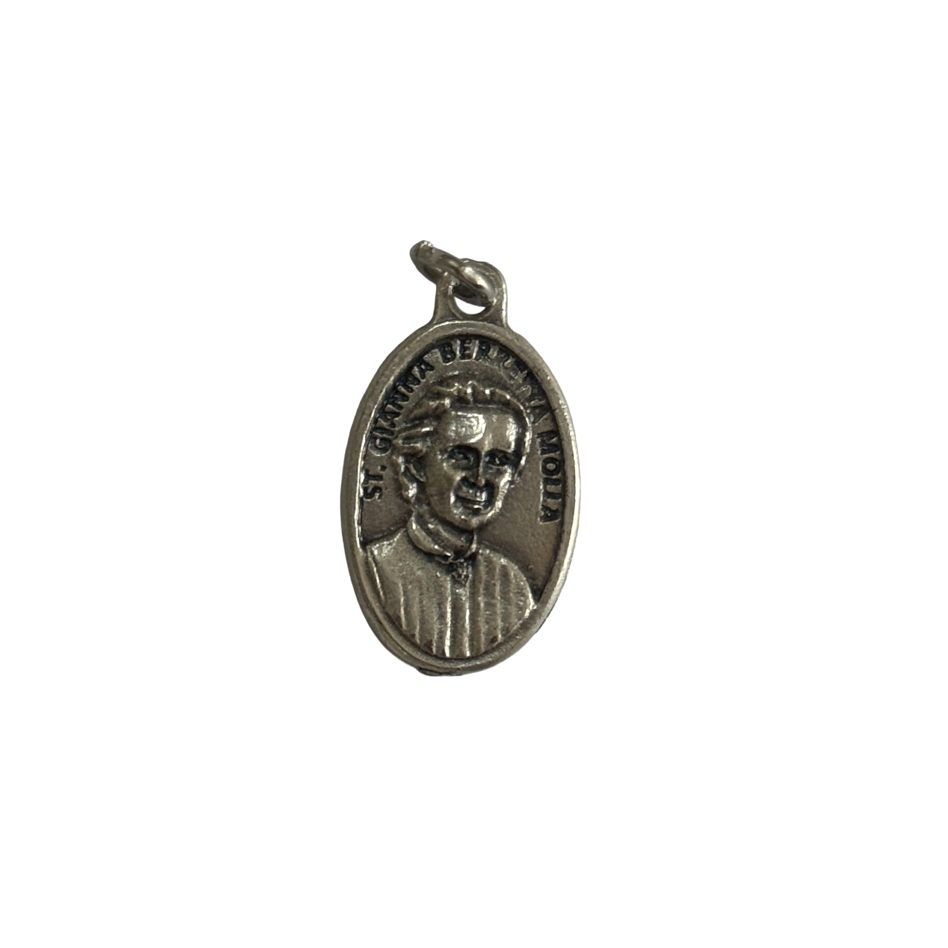 Silver St Gianna Beretta Molla Medal Pendant Front Silver St Gianna Beretta Molla medal depicting a detailed portrait relief of the saint.