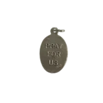 Reverse side of a silver St Mary Magdalene medal with a block stamped Pray For Us inscription.