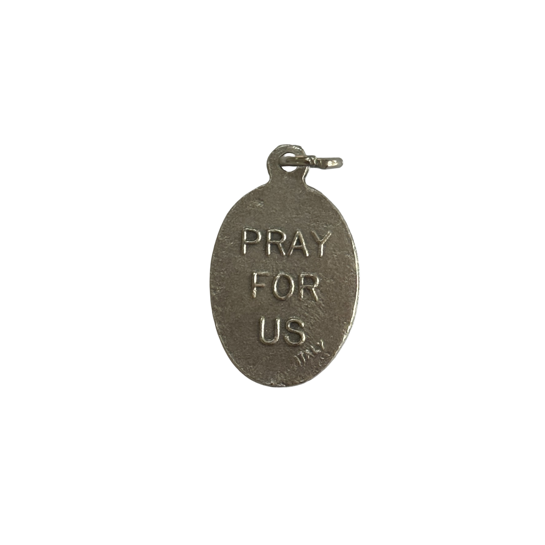 Reverse side of a silver St Mary Magdalene medal with a block stamped Pray For Us inscription.