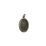 Reverse side of a silver St Mother Teresa medal featuring cursive Pray for Us engraving, a flower branch, and Italy stamp.