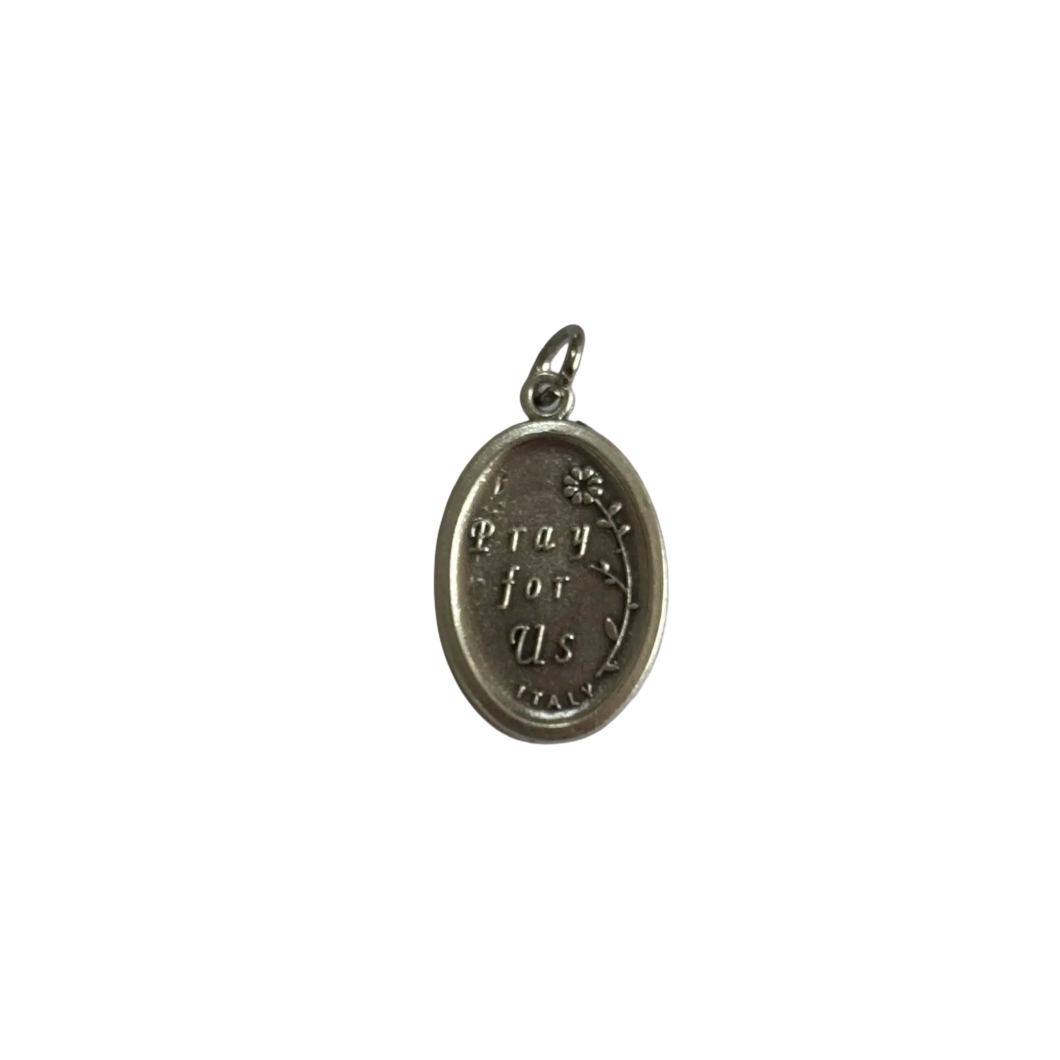 Reverse side of a silver St Mother Teresa medal featuring cursive Pray for Us engraving, a flower branch, and Italy stamp.