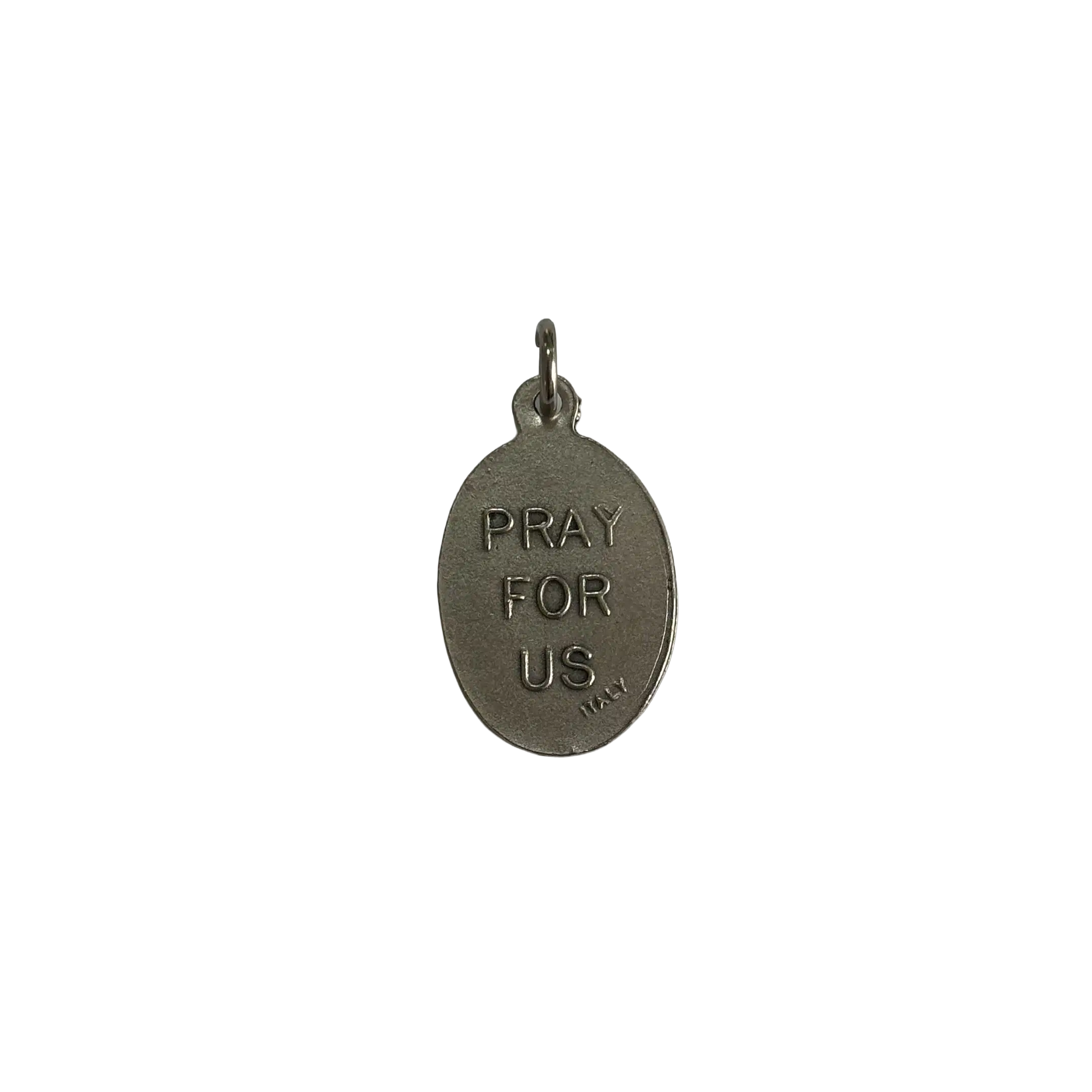 Reverse side of a silver St Sebastian medal with the stamped inscription reading Pray For Us Italy.