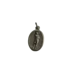 Silver St Sebastian medal showing the saint tied to a tree with text reading St Sebastian Pray For Us.