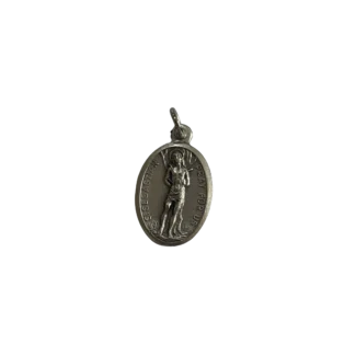 Silver St Sebastian medal showing the saint tied to a tree with text reading St Sebastian Pray For Us.
