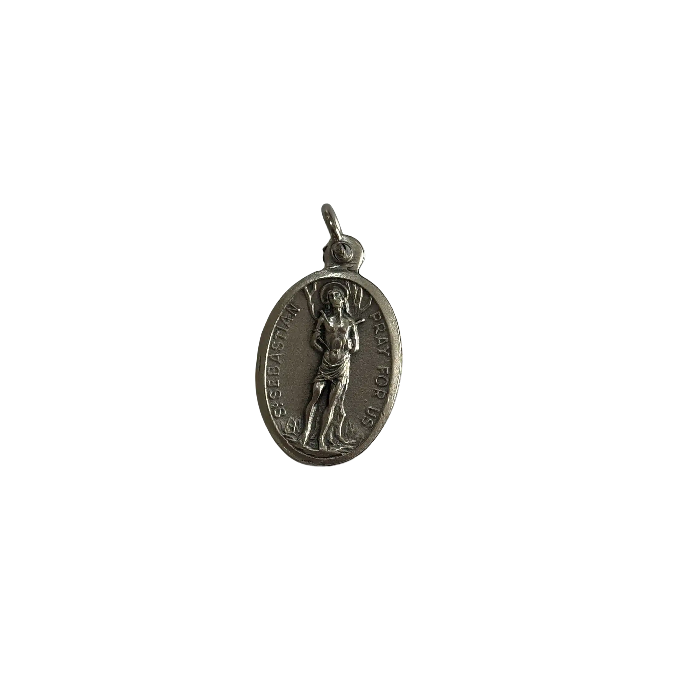Silver St Sebastian medal showing the saint tied to a tree with text reading St Sebastian Pray For Us.