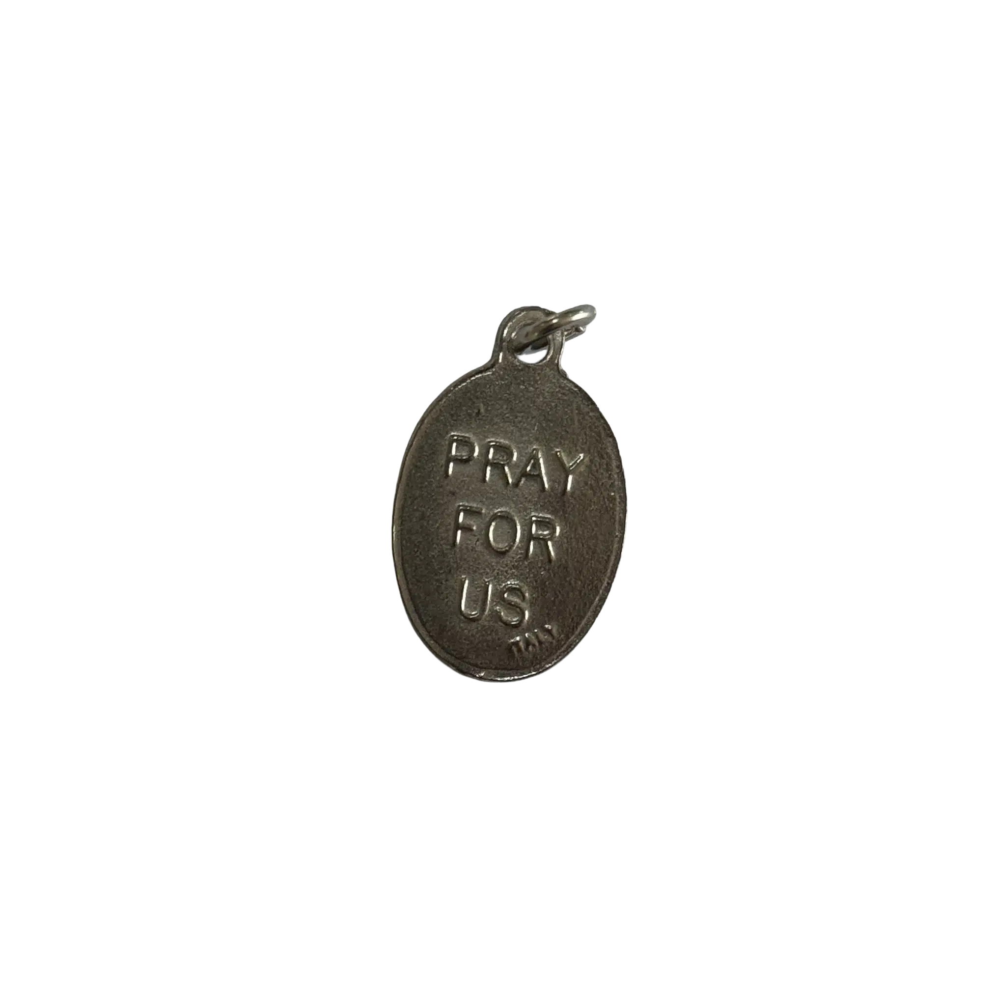 Reverse side of a silver St John the Baptist medal with a block stamped Pray For Us inscription and Italy mark.