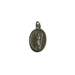 Silver St John the Baptist medal depicting the saint holding a staff cross and pointing toward heaven.