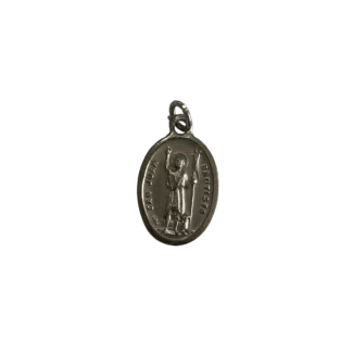 Silver St John the Baptist medal depicting the saint holding a staff cross and pointing toward heaven.