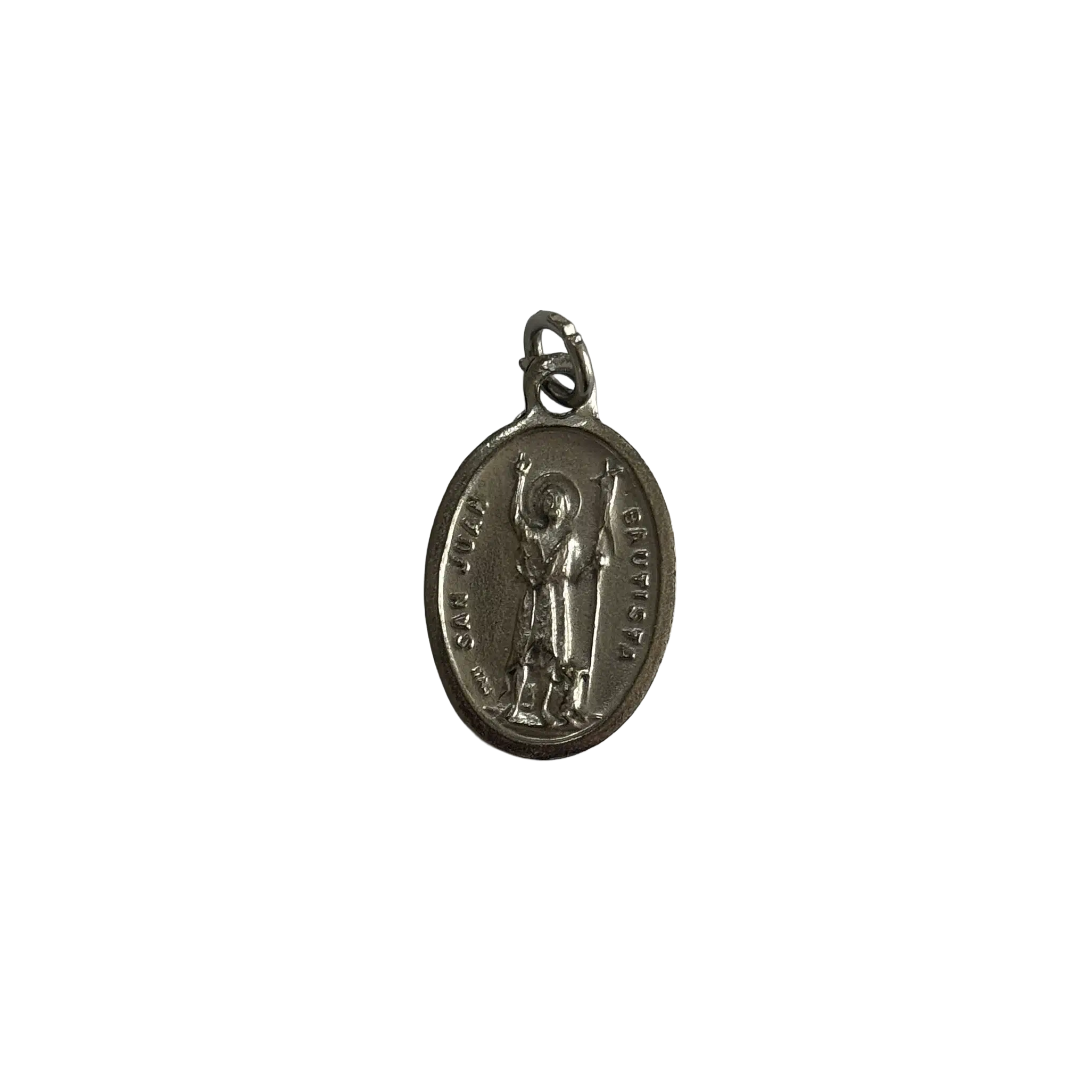 Silver St John the Baptist medal depicting the saint holding a staff cross and pointing toward heaven.