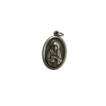 Silver St Alice medal showing the saint in a religious habit holding a holy book with a halo.