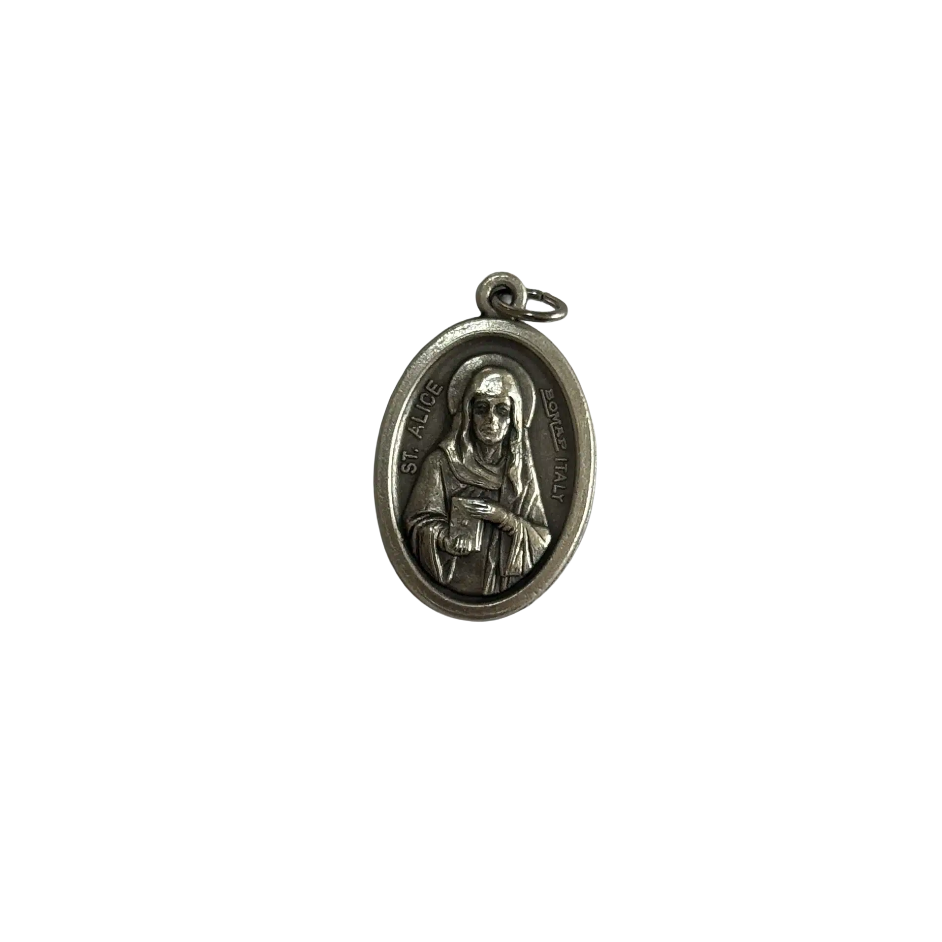 Silver St Alice medal showing the saint in a religious habit holding a holy book with a halo.
