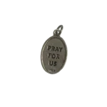 Reverse side of a silver St Andrew medal with a stamped Pray For Us inscription and Italy hallmark.