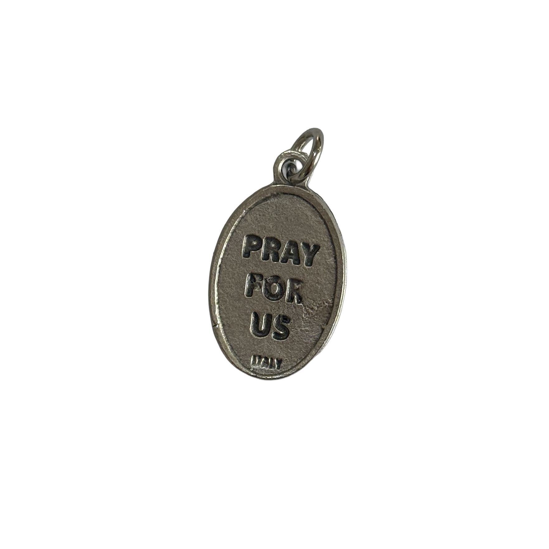 Reverse side of a silver St Andrew medal with a stamped Pray For Us inscription and Italy hallmark.