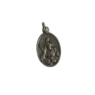 Silver St Andrew medal depicting the apostle leaning against a large X-shaped saltire cross.
