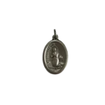 Silver St Bernadette medal showing the saint kneeling in prayer with a halo and Italy stamp.