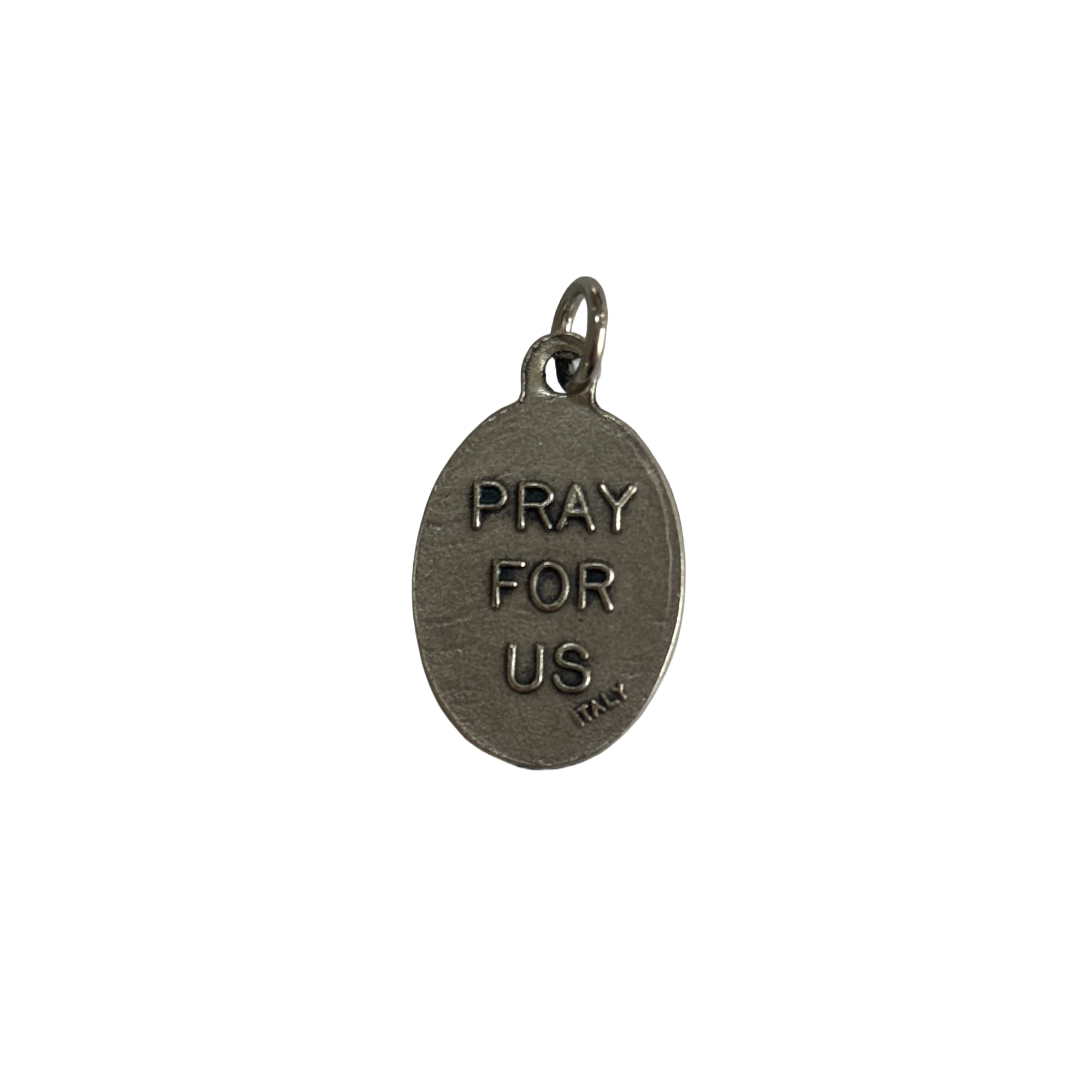 Reverse side of a silver St Cecilia medal featuring a stamped Pray For Us inscription and Italy hallmark.