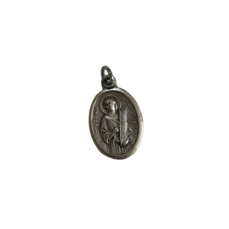 Silver St Cecilia medal depicting the patron saint of musicians holding a handheld harp or lyre.