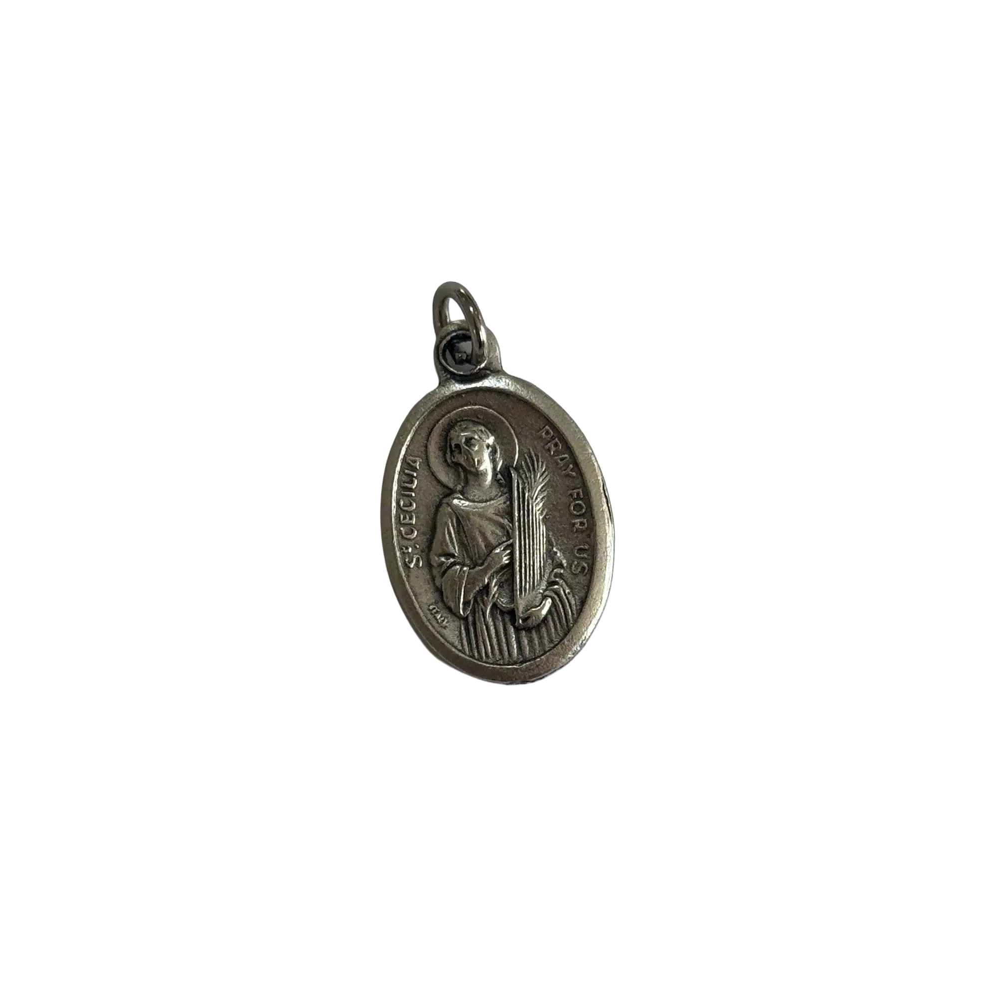 Silver St Cecilia medal depicting the patron saint of musicians holding a handheld harp or lyre.