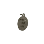 Reverse side of a silver St Elizabeth Seton medal with a block stamped Pray For Us inscription.