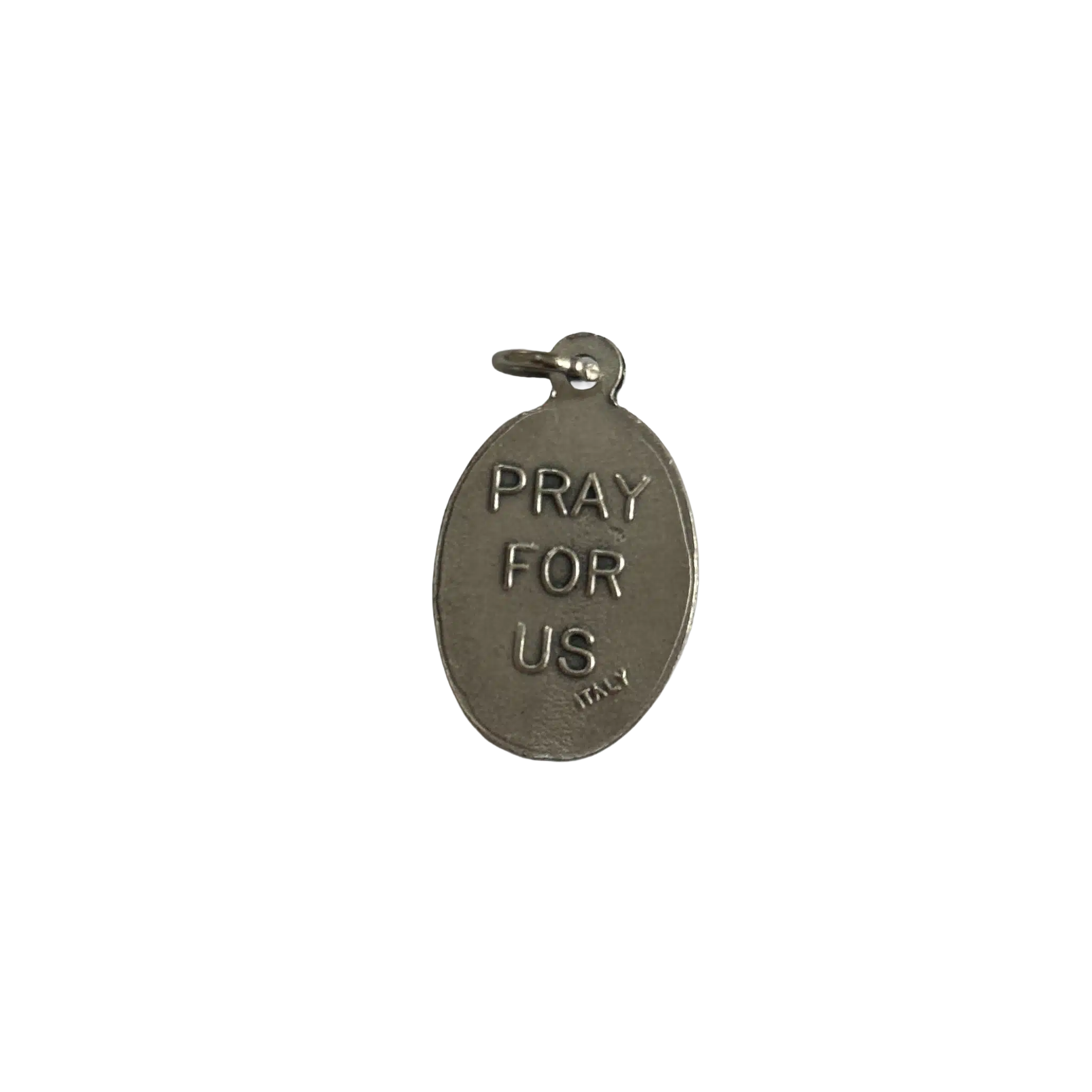 Reverse side of a silver St Elizabeth Seton medal with a block stamped Pray For Us inscription.