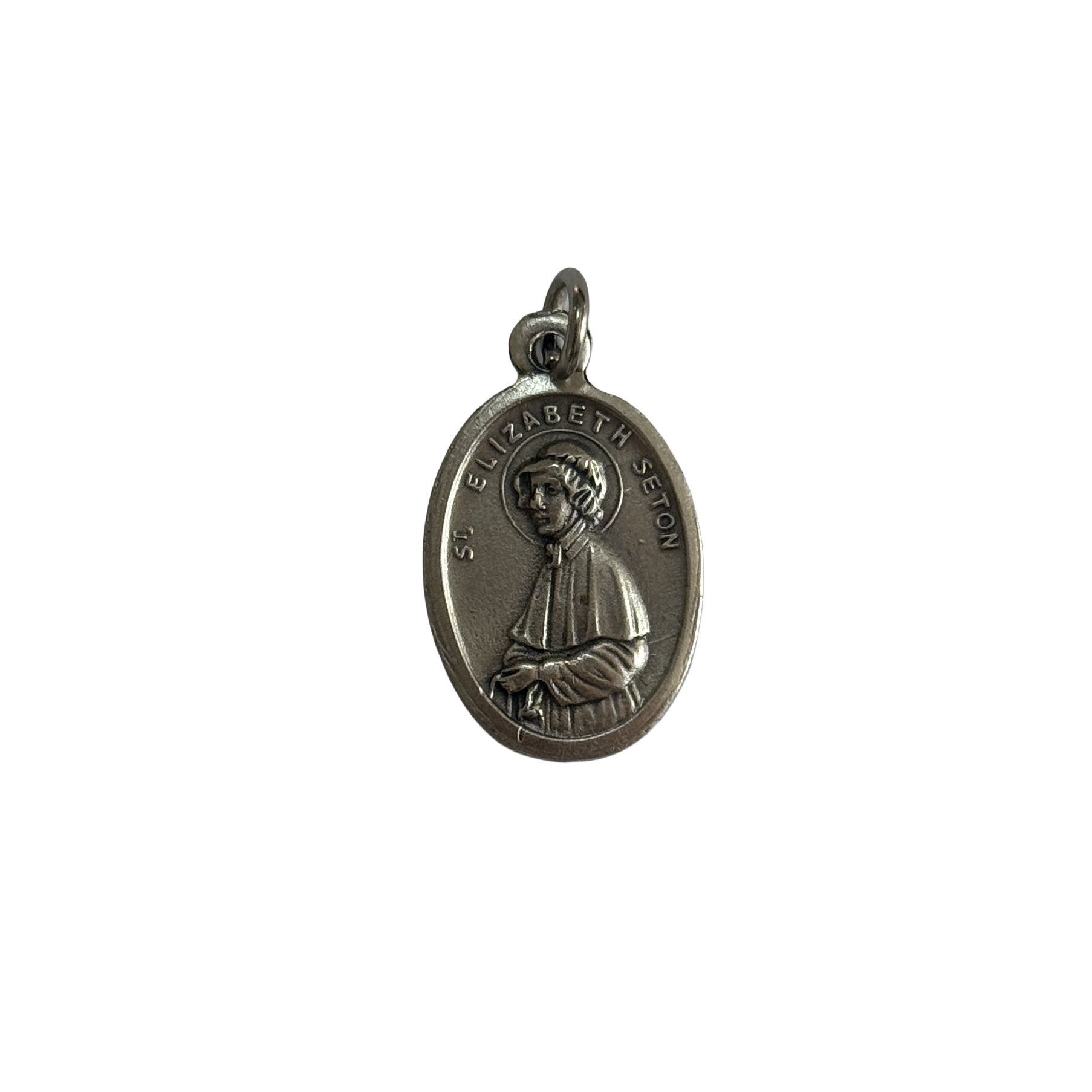 Silver St Elizabeth Seton medal depicting a detailed portrait relief of the saint wearing a traditional bonnet.