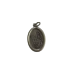 Reverse side of a silver St Florian medal with stylized cursive Pray for Us text, a flower branch, and Italy stamp.