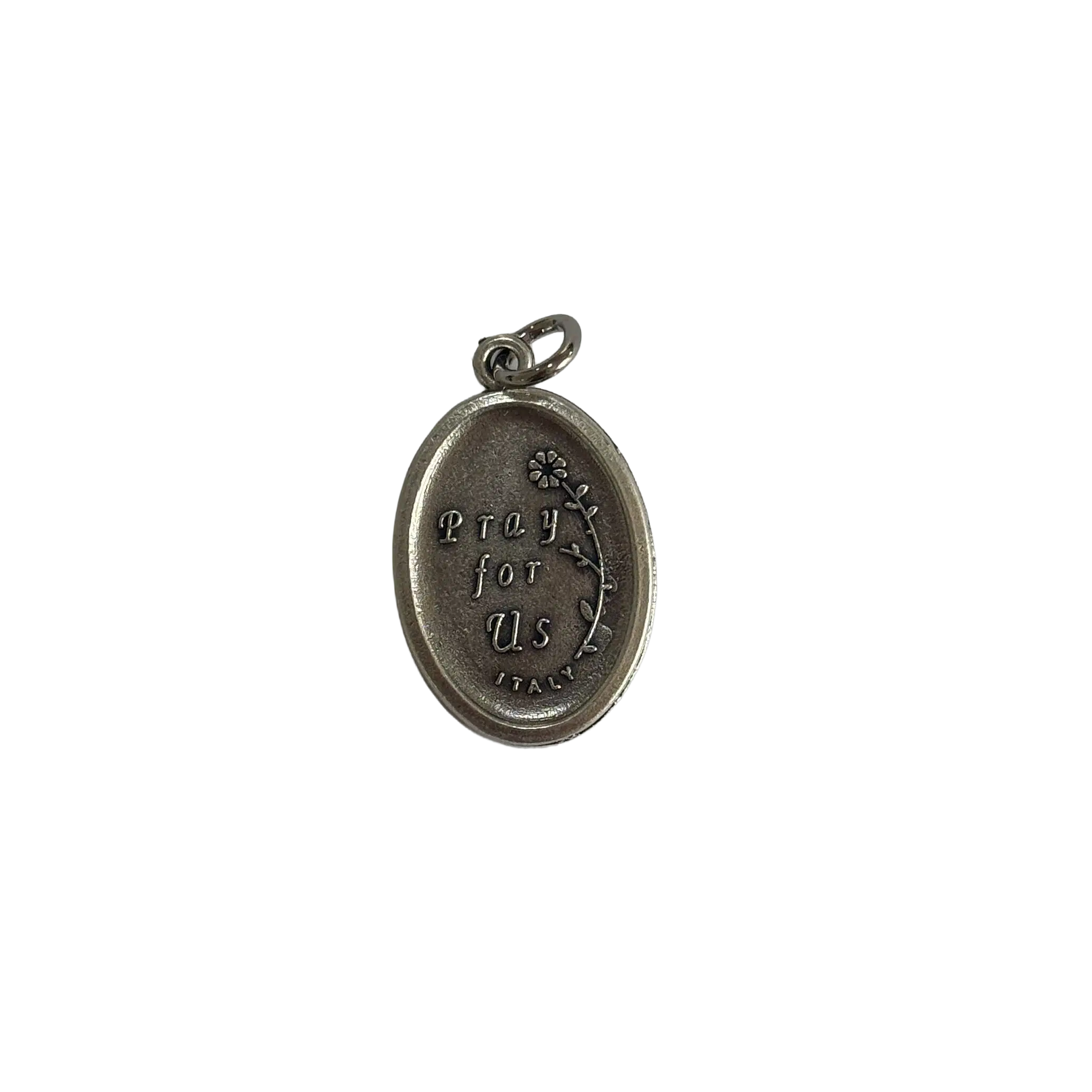 Reverse side of a silver St Florian medal with stylized cursive Pray for Us text, a flower branch, and Italy stamp.
