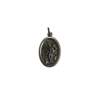 Silver St Florian medal depicting the patron saint of firefighters pouring water on a burning house.