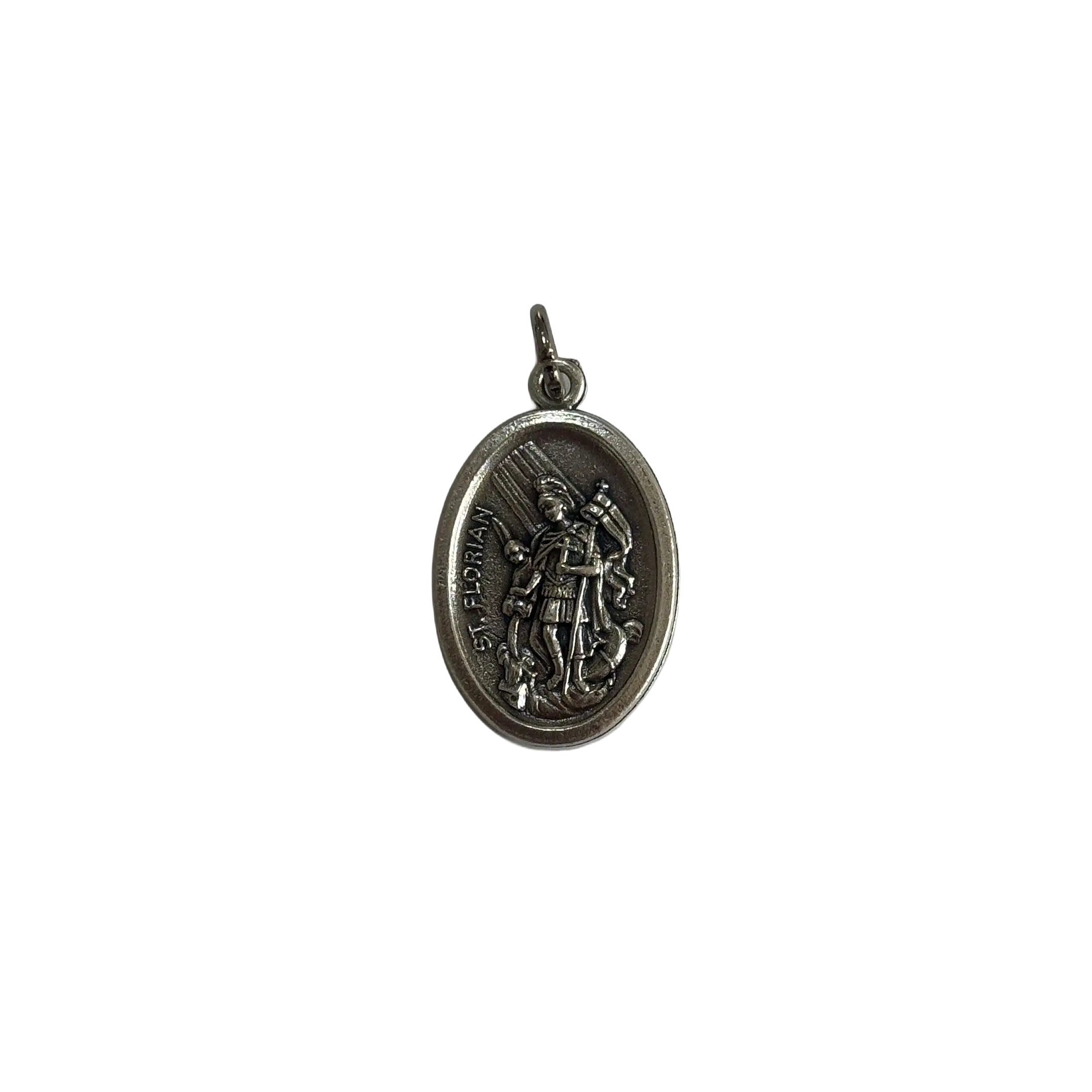 Silver St Florian medal depicting the patron saint of firefighters pouring water on a burning house.