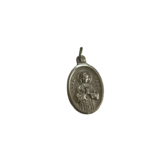 Silver St John Vianney medal depicting the Curé d'Ars in his cassock with hands joined in prayer.